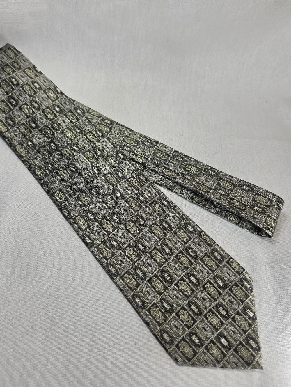 Robert Talbott Gray Gold Geometric Silk Tie Made in USA